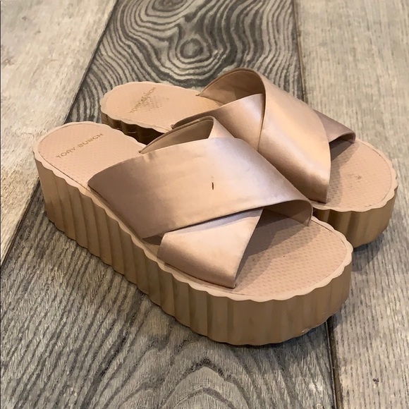 Tory Burch Shoes - Tory Burch Satin Scalloped Wedge Sandals 9 gold